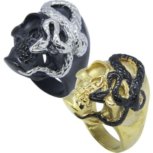 Rany&Roy Size 7-15 Golden Black Skull Ring 316L Stainless Steel Jewelry Biker Snake Ghost Skull Ring