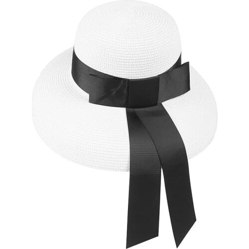 New Fashion Sun Hat Womens Summer Bow Straw Hats Beach Headwear Chapeau Femme Paper Hats White Black