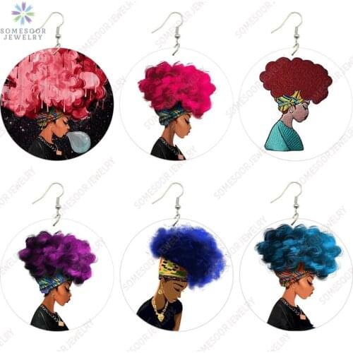 SOMESOOR Cute Curly Girl Bubble African Wooden Drop Earrings Both Sides Printed Afro Natural Hair Arts Loops For Women Gifts