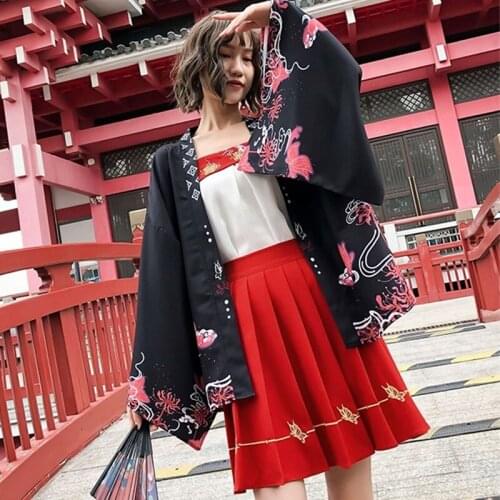 Japanese Harajuku Streetwear Chinese Style Tang Suit Hanfu Women Set Kimono Cardigan Skirts Oriental Clothing Tee Tops 12678