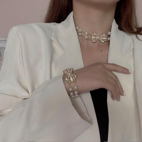 High quality double pearl necklace choker rhinestone bowknot collarbone chain fashion jewelry gift for womens wedding parties