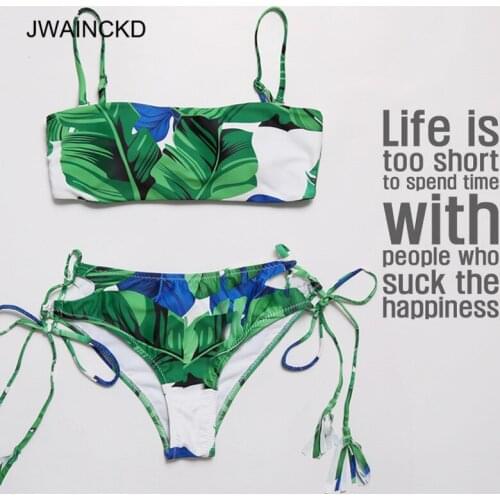 JWAINCKD Women Bikini Sexy Leaf Print Bandeau Bikini Set Beach Swimwear Push Up Padded Swimsuit Bathing Suit Bikini 2018 Mujer