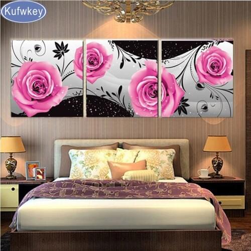 3pcs 3D Diamond Cross Stitch Resin Full Square Diamond Sets,Full Decorative Diy Diamond Painting Rose Diamond Embroidery Flower