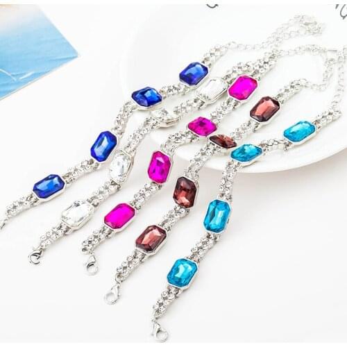 6 Colors Clear Rectangle 4 Rhinestone Crystal Silver Plated Bracelets for Women
