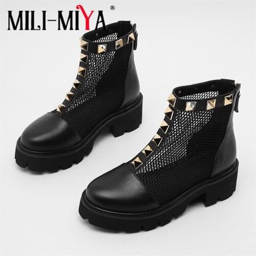 MILI-MIYA Thick Sole Summer Mesh Breathable Waterproof Platform Chunky Heels Ankle Boots Women Zipper Big Size 43 Rivet Sandals