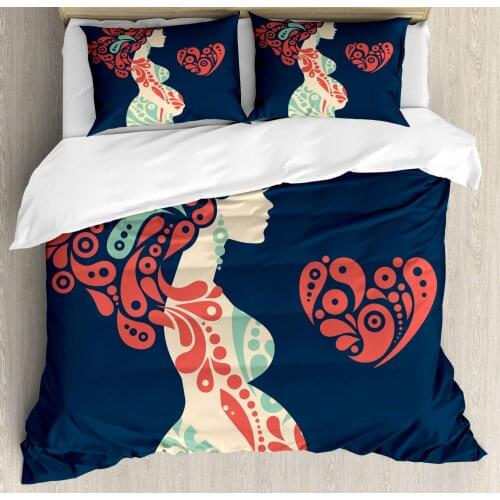 Abstract Duvet Cover Set Motherhood Theme Pregnant Woman and Heart 3 Piece Bedding Set Almond Green Dark Peach Champagne Dark