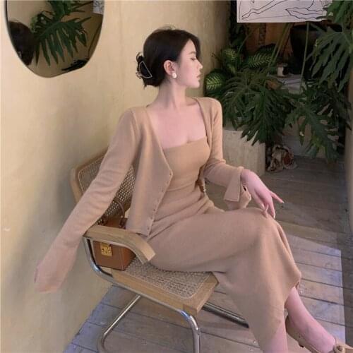 Suit Womens Autumn Spring Sweater Knitting Wipe Breast New Style Fashion High Waist Skirt Elegant Lady Two Piece Set Suit Dress