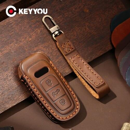 KEYYOU Leather Car Key Case Holder Fob For Audi Q8 C8 A6 A7 A8 2018 2019 Auto Styling Remote Shell Accessories Protection Cover