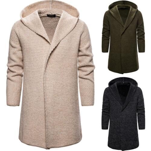Mens Mid-length Sweater Casual Long Sleeve Color Matching Hooded Cardigan Sweater Coat with Covered Buttons
