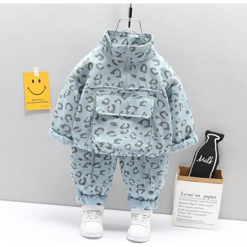 New boys' suits girls' suits leopard pattern boys' clothes fashion Top + Pants Girls' leopard pattern three colors 1-4 years old