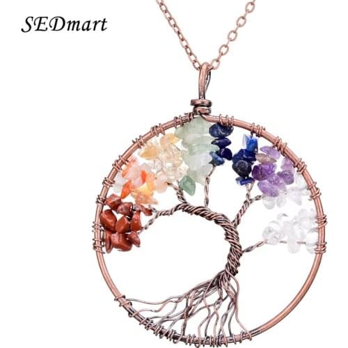 SEDmart 7 Chakra Tree Of Life Pendant Necklace Copper Crystal Natural Stone Necklace Quartz Stones Pendants Women Christmas Gift