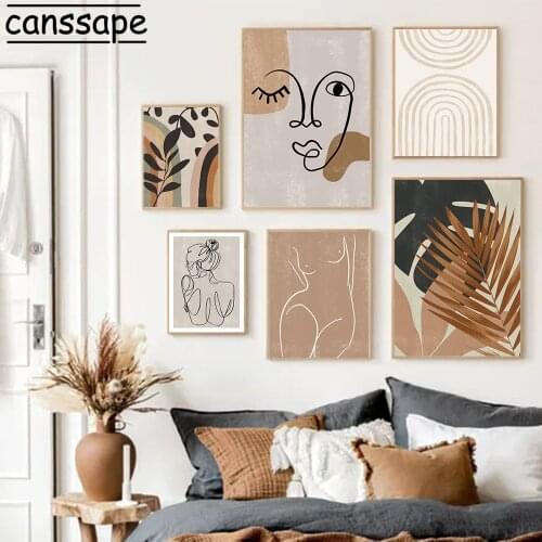 Boho Wall Art Posters Leaves Print Abstract Canvas Painting Line Naked Girl Poster Vintage Wall Pictures For Living Room Decor