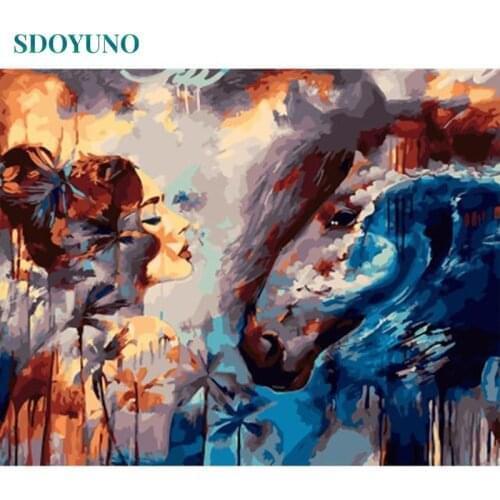 SDOYUNO oil Painting By Numbers Women and Horse DIY Wall Pictures For Living Room Frameless 60x75cm Digital Painting