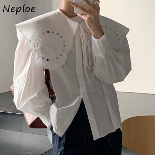 Neploe Chic Embroidered Detachable Collar Loose Shirt Single Breasted Flare Sleeve Femme Blusas Autumn All-match Women Blouse