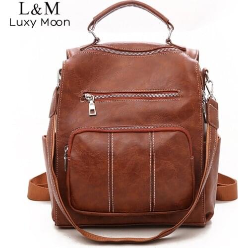 Vintage Leather Backpack Women Female Multifunction Schoolbag Rucksack Brown Large School Bags Teenage Girls Back Pack XA157H