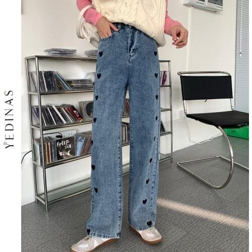 Yedinas 2021 New Summer Vintage Jeans Woman Long Trousers Cowboy Female Loose Streetwear Love Print Pants Straight Denim Pants