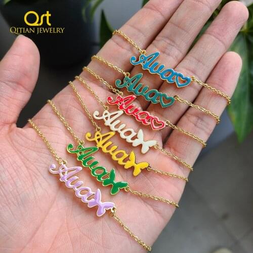 Qitian Enamel Jewelry Necklaces Custom Heart Necklace Stainless Steel Pendant Personalized DropOil Name Necklaces Jewelry Women