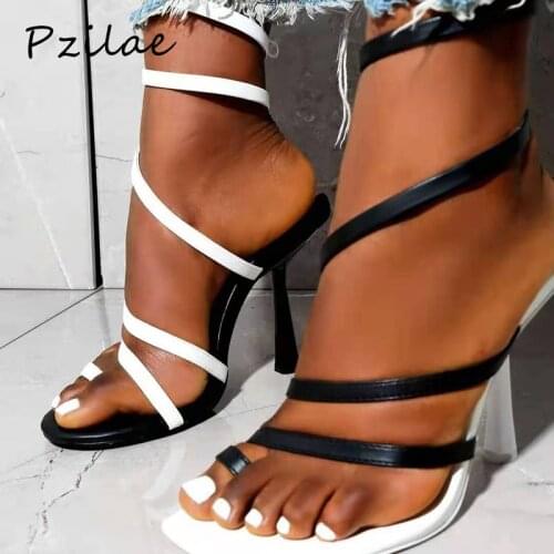 Pzilae Mixed Black White Sandals Women Fashion Winding Narrow Band High Heels Shoes Woman Open Toe Party Pumps Lady Heels Sandal