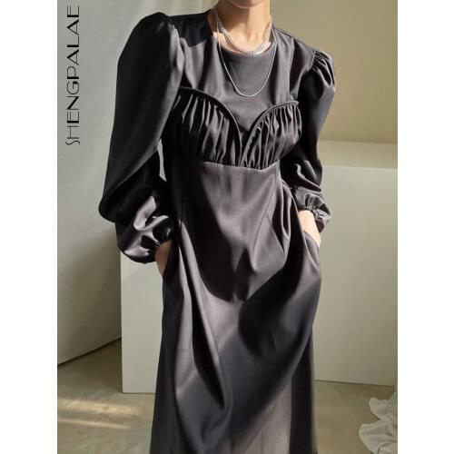 SHENGPLLAE Elegant Flods Dress Womens Spring 2021new Round Neck Loose Long Puff Sleeve Solid Color Mid-calf Dresses Female 5C42