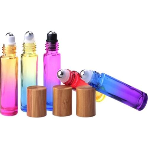 1000pcs/lot 10ML Gradient color Thick Glass Roll On Essential Oil bottle with Wood Grain Cover Empty Parfum Bottles Roller Ball