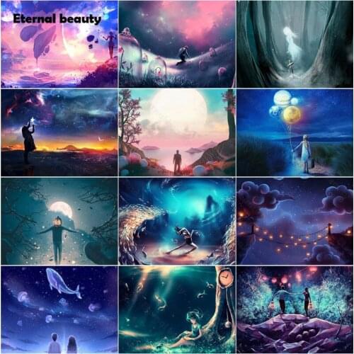 Diamond Painting Full Square Round Drill Diamond Embroidery Couple Watching The Sky with Jellyfish and Dolphins Scenery Handmade