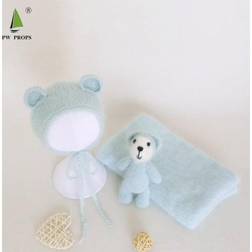 Angola Knit Bonnet Toy Set Baby Fluffy Stretch Wrap Photo Prop Newborn Baby Hat Toy Wrap Set Photography Props