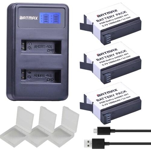 For Gopro Hero 4 Batteries 3X Batteries + LCD Dual USB Charger for Go Pro Hero4 bateria AHDBT 401 Action camera Accessories