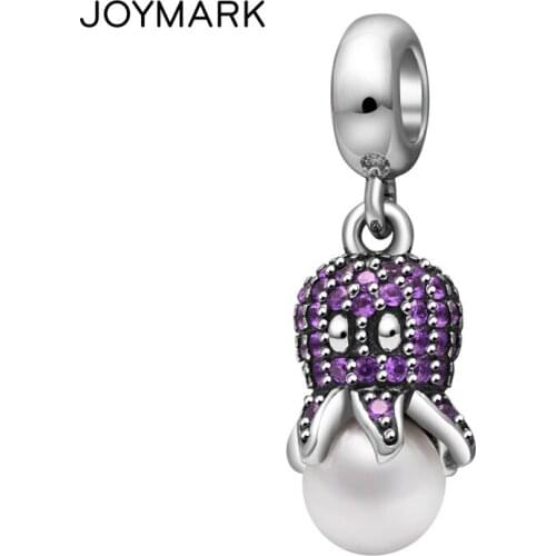 Purple Octopus Pendant 925 Silver Beads Zircon Pave Pearl Inlaid Sterling Silver Dangle Charm Beads For European Jewelry Making