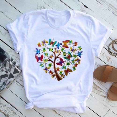 Womens T-shirt Butterfly Tree Heart Print Harajuku Graphic T-shirt Summer Shirt Casual Round Neck Short Sleeve Top