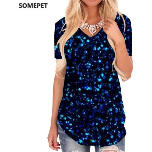 SOMEPET Harajuku T Shirt Women Novel Tshirts Printed Shine Funny T shirts Blue V-neck Tshirt Womens Clothing Fashion Loose