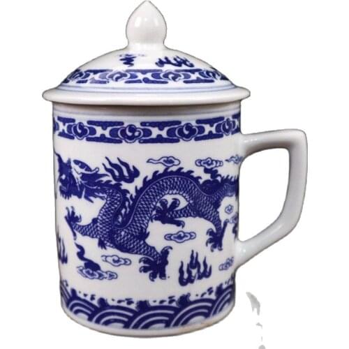 China Old Porcelain Blue And White Double Dragon Pattern Covered Cup