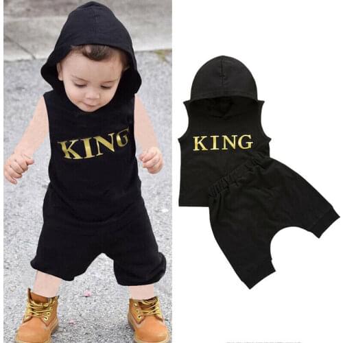 Newborn Baby Boys Clothes Set Letter Print Hoodie Sleeveless Black Sweatshirt Pants Outfits Baby Boy Summer Clothing Set