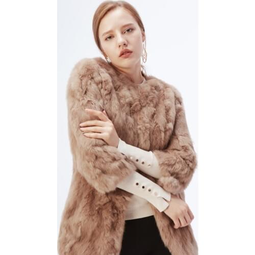 Ethel Anderson 100% Real Rabbit Fur Coat Womens O-Neck Long Rabbit Fur Jacket 3/4 Sleeves Vintage Style Leather Fur Outwear