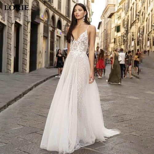 LORIE Beach Wedding Dress Boho vestido de noiva Bohemian Lace Bridal Dress Backless Spaghetti Straps V Neck Wedding Gowns