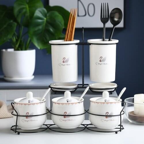 Cute Swan Ceramic Spice Jar Chopstick holder Salt Sugar Pepper Shaker Seasoning Box Kitchen Goods Spice Chopsticks Storage Rack