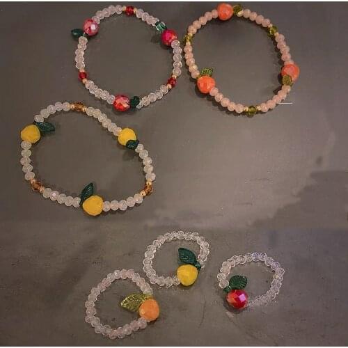 Minar Cute Handmade Elastic Transparent Crystal Cherry Charm Ring for Women Girls Resin Leaf Candy Color Ring Chic Accessories