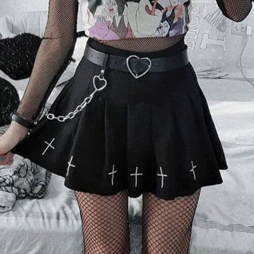 InsGoth High Waist Mini Black Skirts Gothic Streetwear Cross Print Pleated Women Skirts Casual College Lolita Harajuku Skirt