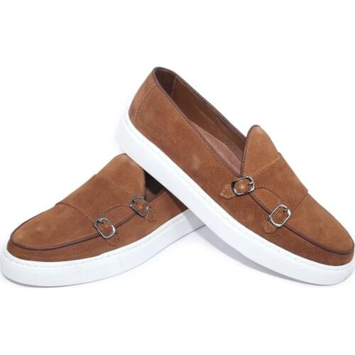 Tobacco Suede Double Monks Strap Slip On Sport Loafers with Lightweight EVA Sole, Light Camel Brown Calfskin, Casual Mens Shoes