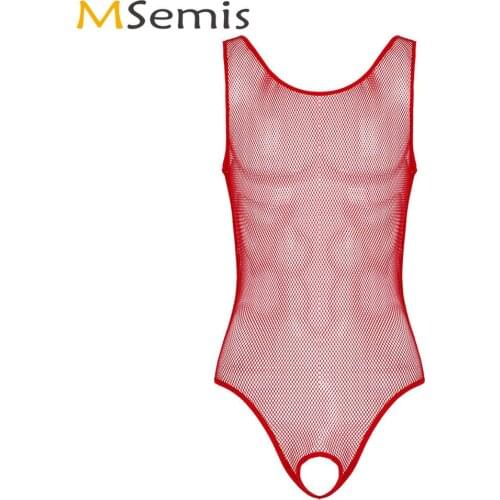 Men See Through Bodystocking Leotard Hot One-piece Hollow Out Fishnet Lingerie Sissy Open Butt Crotchless Bodysuit Gay Nightwear