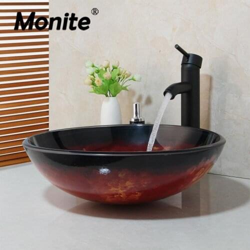 Basin Sink Faucet Set Bathroom Glass Basin Sink Countertop Hand Painted Washbasin Sink Round Bowl & ORB Bathroom Faucet