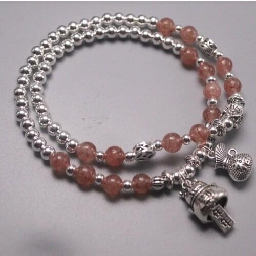 Real Silver 925 Bracelet Chain For Women Girl Silver Small Beads 4mm Strawberry Crystal Beads Lucky Bag Cat Bracelet