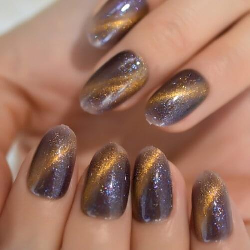 Sky Bling Fake Nails Galaxy Shimmer Glitter GEL Nails Hand Painted Nail Art Tips Oval Round Medium Press Nail Fingernails 24