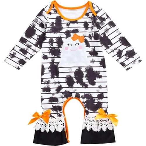 New Baby Girls Halloween Clothes Round Neck Long Sleeve Tie Dye Cartoon Print Long Romper Jumpsuits Clothes