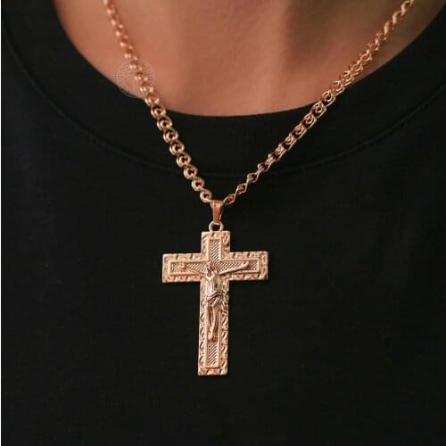 585 Rose Gold Hammered Cross Pendant Necklace for Men Women Crucifix Jesus Prayer Charm Snail Link Religion Jewelry HGP436