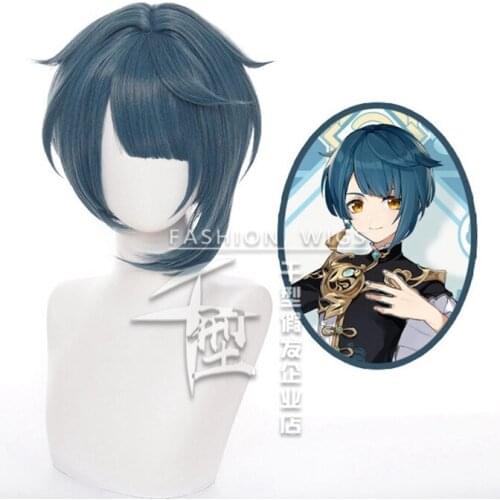 Genshin Impact Xingqiu Cosplay 30cm Wig Short Grey Blue Wig Cosplay Anime Cosplay Wigs Heat Resistant Synthetic Wigs Halloween