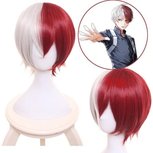 Anime My Hero Academia Shoto Todoroki Cosplay Wig Short Red White Wig Boku No Hero Academia Hair + Free Wig Cap for Woman Man