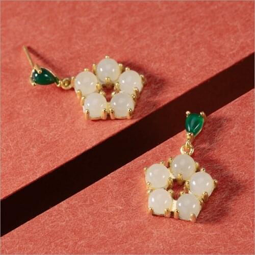 Uglyless Water Drop Chalcedony Jade Plum Blossoms Earrings for Women Gold Floral Jewelry 925 Silver Gemstones Earrings Fashion