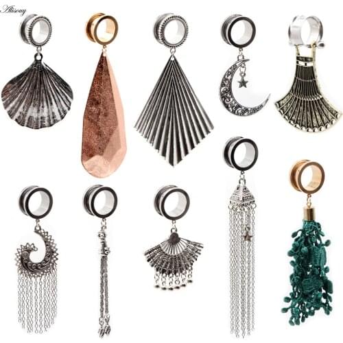Alisouy 2pcs Star Moon Dangle Ear Plugs Tunnels Oreja Flesh Gauges Stainless Steel Ear Expander Piercing Body Jewelry Earring
