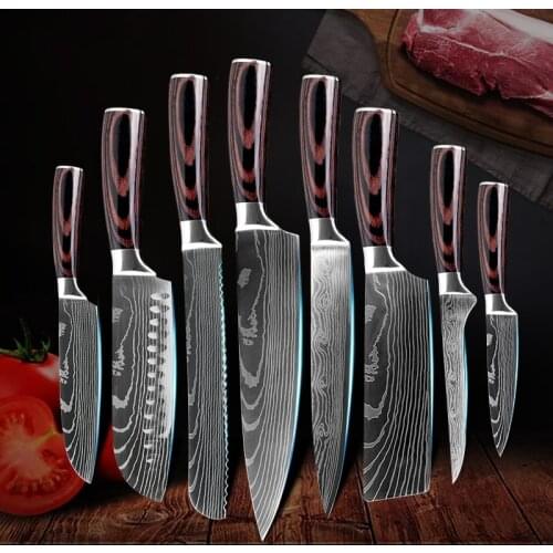 8PCS/Set 3.5-9inch Japanese kitchen knives Laser Damascus Pattern Chef Knife Sharp Santoku Cleaver Slicing Utility Knives Tools