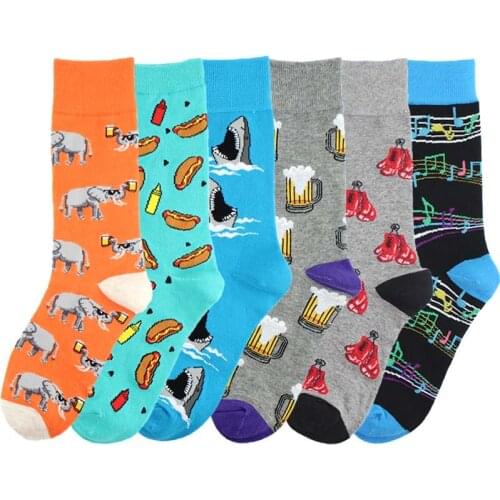 Funny Socks Casual Hip Hop Combed Cotton Men Creative Personality Fashion Trend Shark Beer Hot Dog Music Elephant Fashion Socks